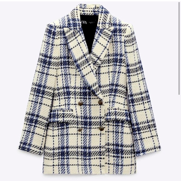 Zara Jackets & Blazers - ZARA BLOGGER FAVE Blue & Cream Plaid Check Double Breasted Blazer Jacket NWT